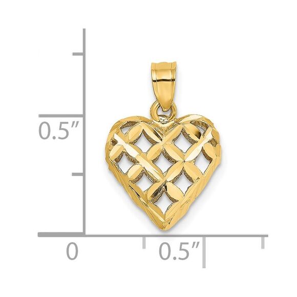 14k Yellow Gold 3-D Diamond-cut Filigree Puffed Heart Charm